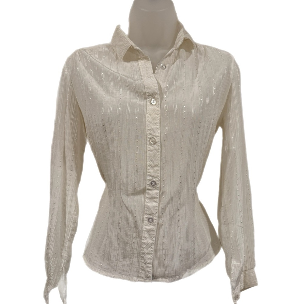 Vintage Semi Sheer Cream White Button Down Blouse Top